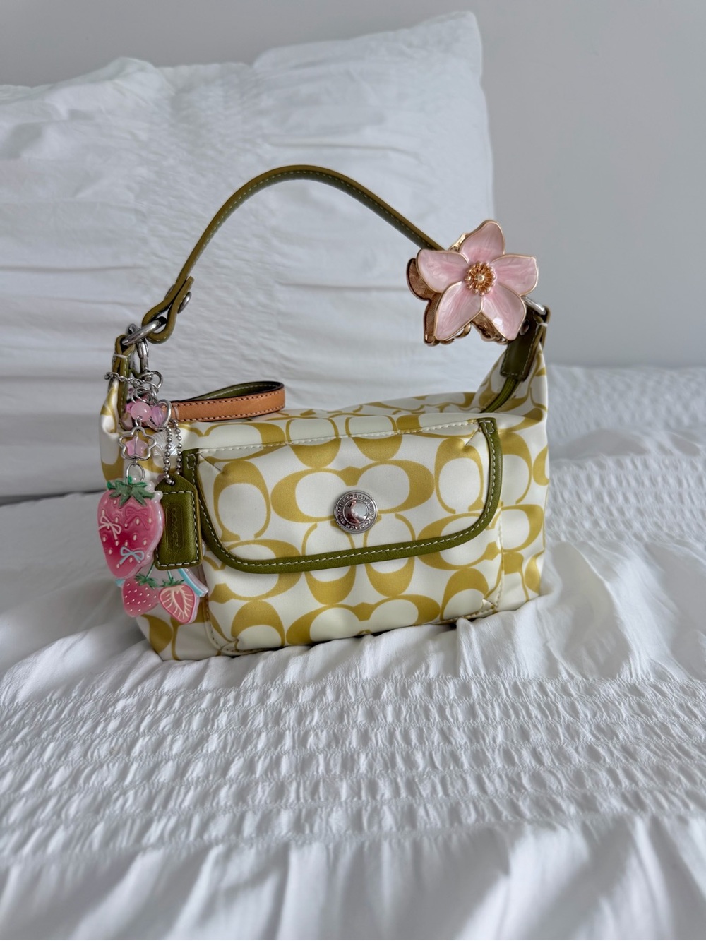 Vintage Coach Green & Cream Signature Monogram Nylon Demi Baguette Bag